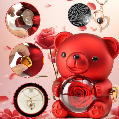 The Ultimate Valentine’s Surprise: Eternal Rose Bear & I Love You 100 Languages Necklace Gift Set