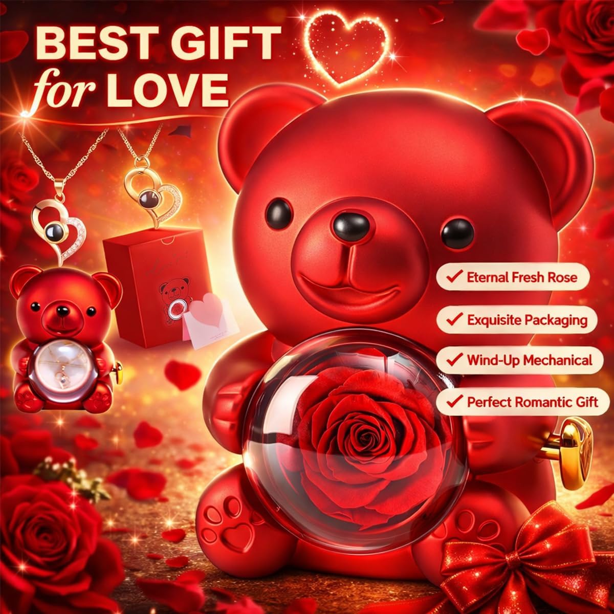 The Ultimate Valentine’s Surprise: Eternal Rose Bear & I Love You 100 Languages Necklace Gift Set