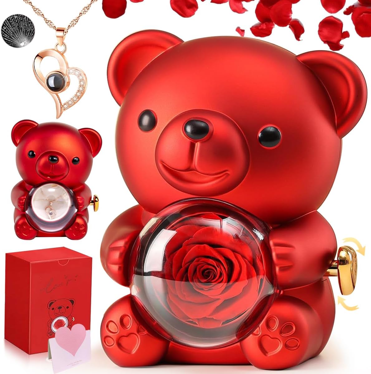 The Ultimate Valentine’s Surprise: Eternal Rose Bear & I Love You 100 Languages Necklace Gift Set