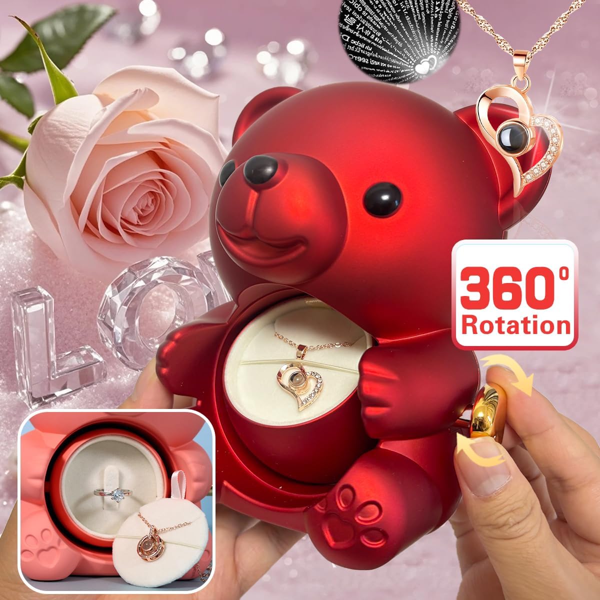 The Ultimate Valentine’s Surprise: Eternal Rose Bear & I Love You 100 Languages Necklace Gift Set