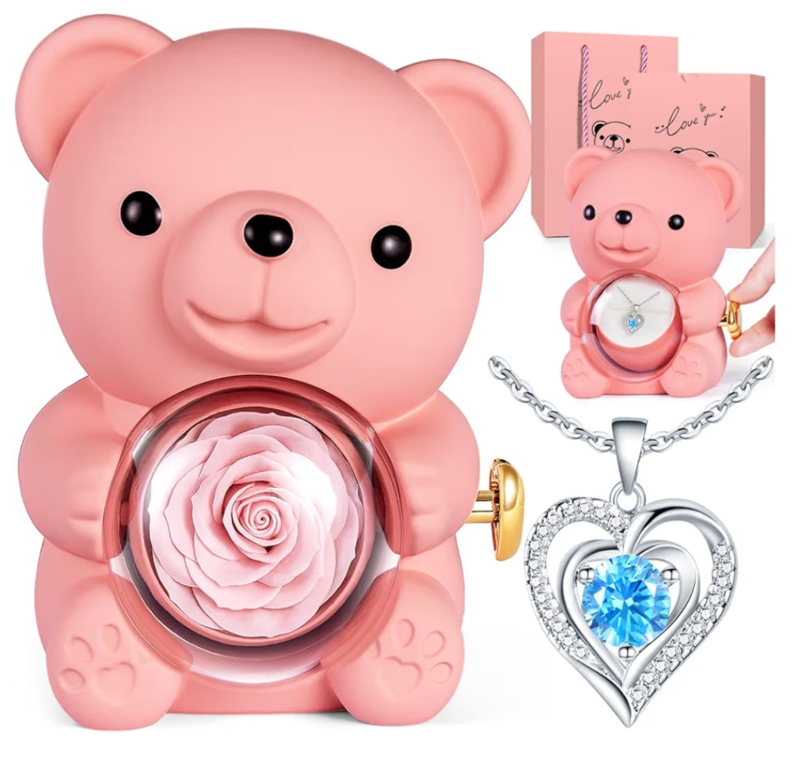 The Ultimate Valentine’s Surprise: Eternal Rose Bear & I Love You 100 Languages Necklace Gift Set